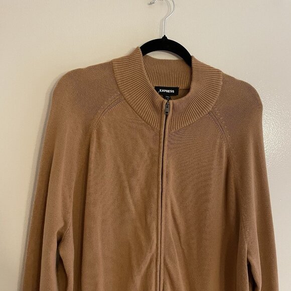 Express Men Sz XL Camel Brown Long Sleeve Full Zip Front Mock Neck Sweater - Picture 4 of 9
